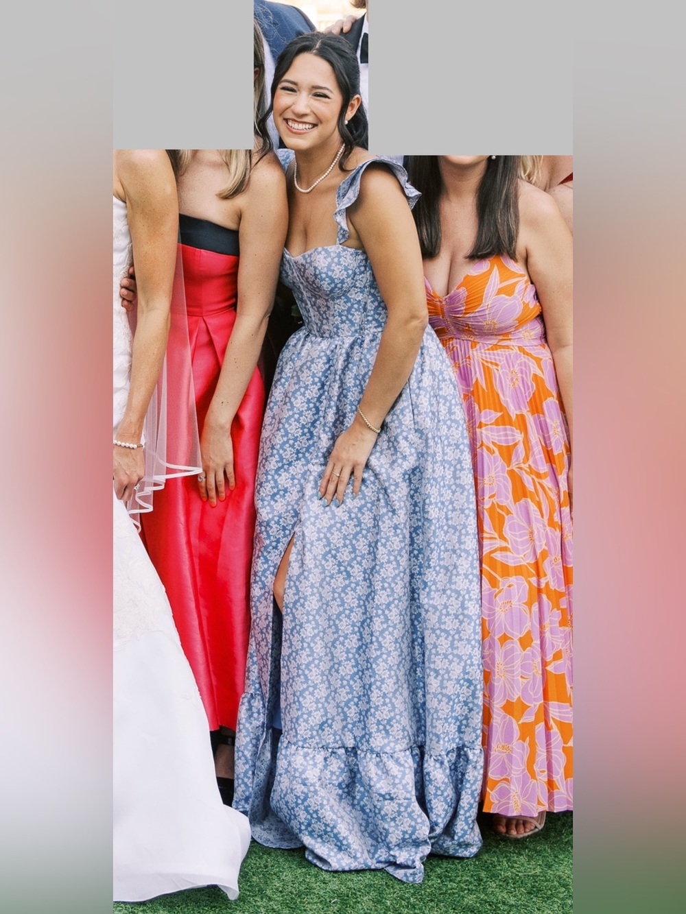 Dessy Collection Blue Floral Ruffle-Shoulder Maxi Dress